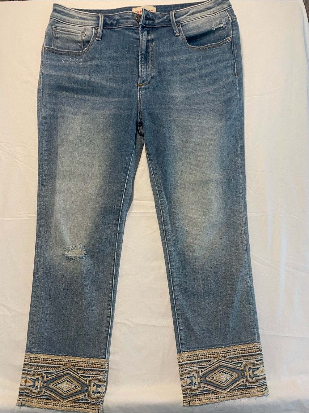 DRIFTWOOD Light Blue Embroidered Hem Ankle Jeans